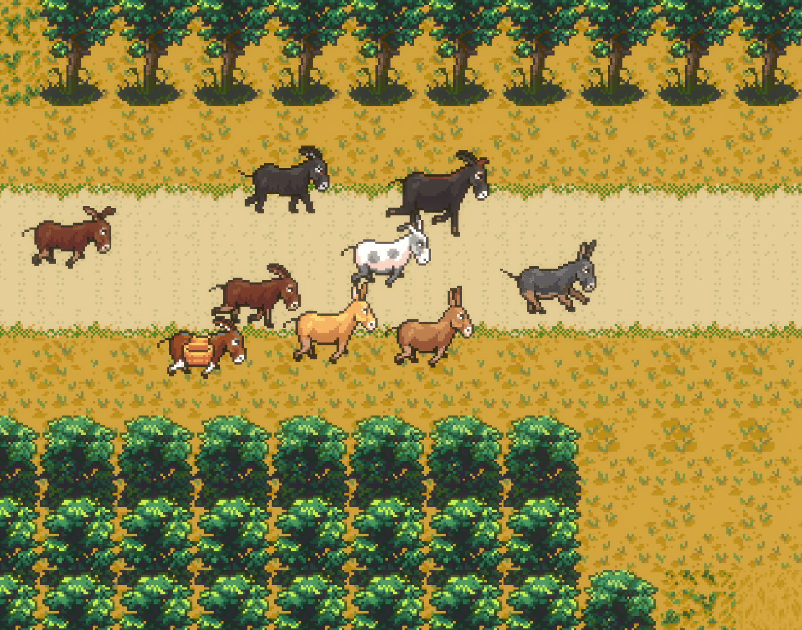 Donkeys run through a field in a simulated pokemon style game 