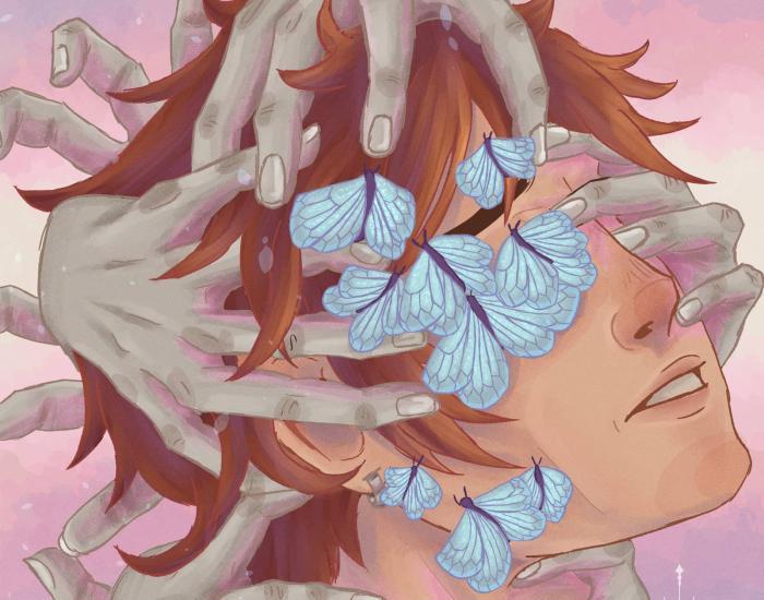 Ash Gribby illustration of a person eyes covered by grey hands and butterflies on a pink background